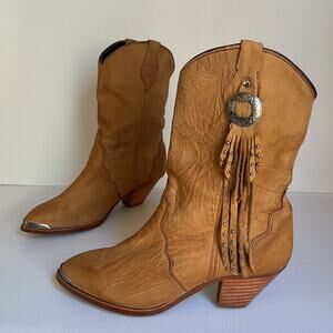 Vintage Boho Western Fringe Cowboy Boots Tan Leather with Concho Accents Size 8